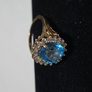 14k Solid Yellow Gold Ring With Blue Topaz And Diamonds, Size 7 3/4